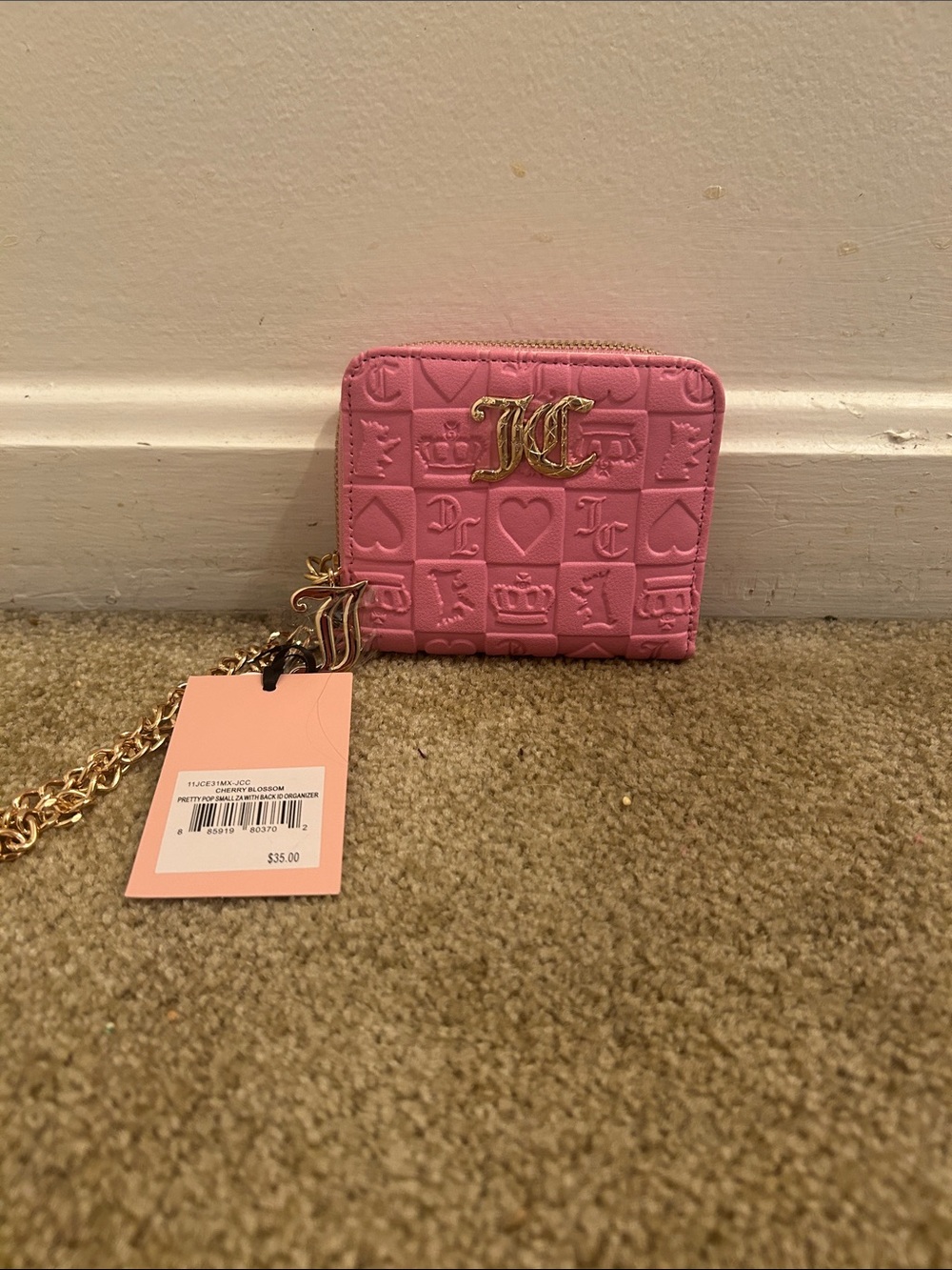 Juicy Couture Rose Pink Embossed Zip Card Wallet with Gold Chain